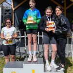Trzy osoby stoją na podium, trzymają trofea. Tło to drewniana konstrukcja i trawa. Dominuje kolor szary i zielony.