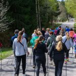 Grupa osób idzie ścieżką w lesie, używając kijków nordic walking. Ubrani w kolorowe stroje, otoczeni zielenią drzew. Tło to jasna, wiosenna sceneria.
