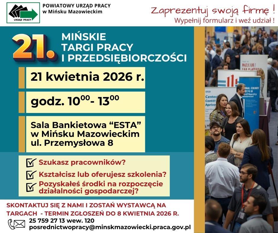 Plakat promuje Mińskie Targi Pracy 2026, z datą i miejscem na niebieskim tle. Po lewej dominują żółte i czerwone szczegóły tekstowe. W tle zdjęcie tłumu ludzi na targach.