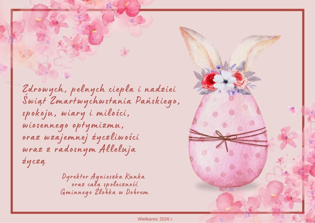 Kartka wielkanocna z życzeniami, różowe tło z kwiatowymi motywami. Po lewej stronie tekst, po prawej jajko z uszami i kwiatami.