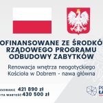 Flaga Polski i herb na białym tle. Tekst informuje o dofinansowaniu renowacji kościoła. Logo programu Polski Ład.