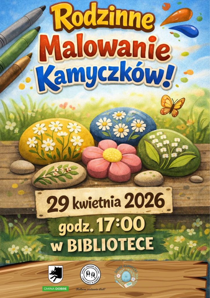 Grafika promuje „Rodzinne Malowanie Kamyczków” 29 kwietnia 2026 w bibliotece. Kolorowe kamienie z kwiatami na tle trawy. Narzędzia do malowania widoczne u góry.