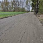 Wiejska droga z brązowym, żwirowym podłożem biegnie przez zalesiony teren. Po lewej stronie zielone pole, po prawej drzewa. W tle widać szary, zachmurzony nieboskłon.