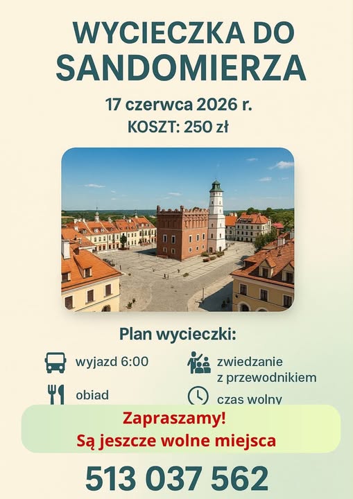 Ogłoszenie o wycieczce do Sandomierza z widokiem na rynek. Dominują kolory beżowy i niebieski. Zawiera datę, cenę i dane kontaktowe.