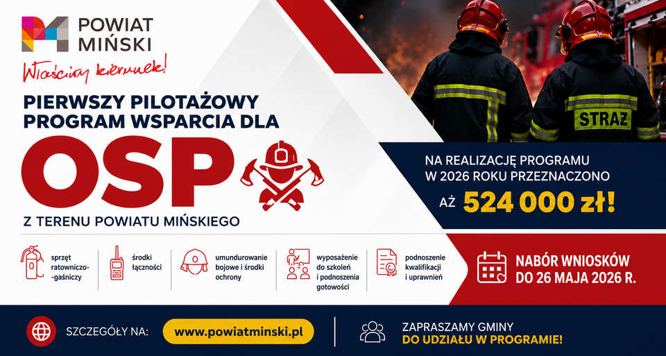 6bd94d0a3c322b509b47647df7b423e54e8b97d9 Program wsparcia OSP w Powiecie Mińskim z budżetem 524 000 zł na 2026 r. Nabór do 26.05.2026 r. Tło z dwoma strażakami.