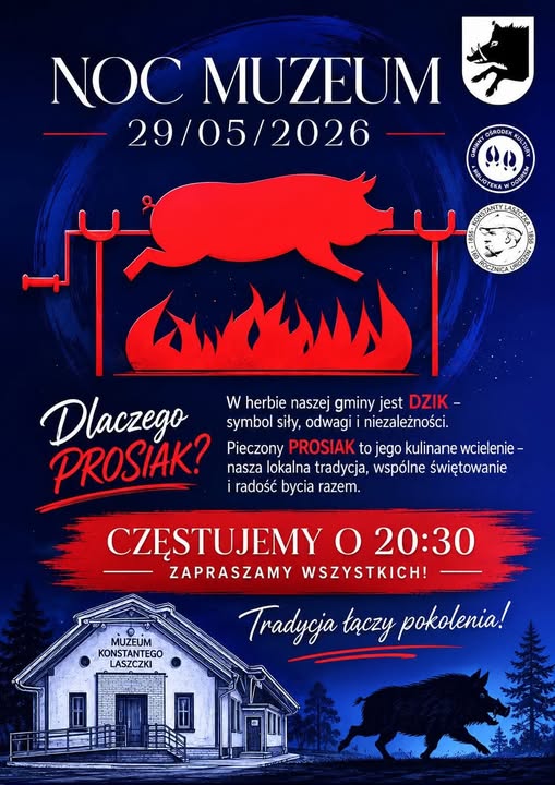 Plakat ogłasza Noc Muzeum 29 maja 2026 z motywem pieczonego prosiaka na ogniu. Tło ciemnoniebieskie z wizerunkiem dzika i muzeum. Event zaczyna się o 20:30, promuje tradycje i wspól