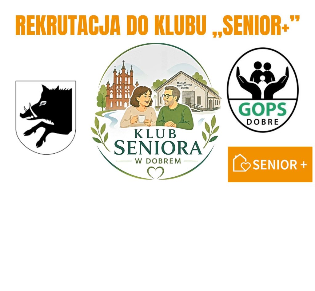 Rekrutacja do klubu Senior+ z herbem z dzikiem, logiem GOPS i grafiką seniorów na tle budynku i kościoła.