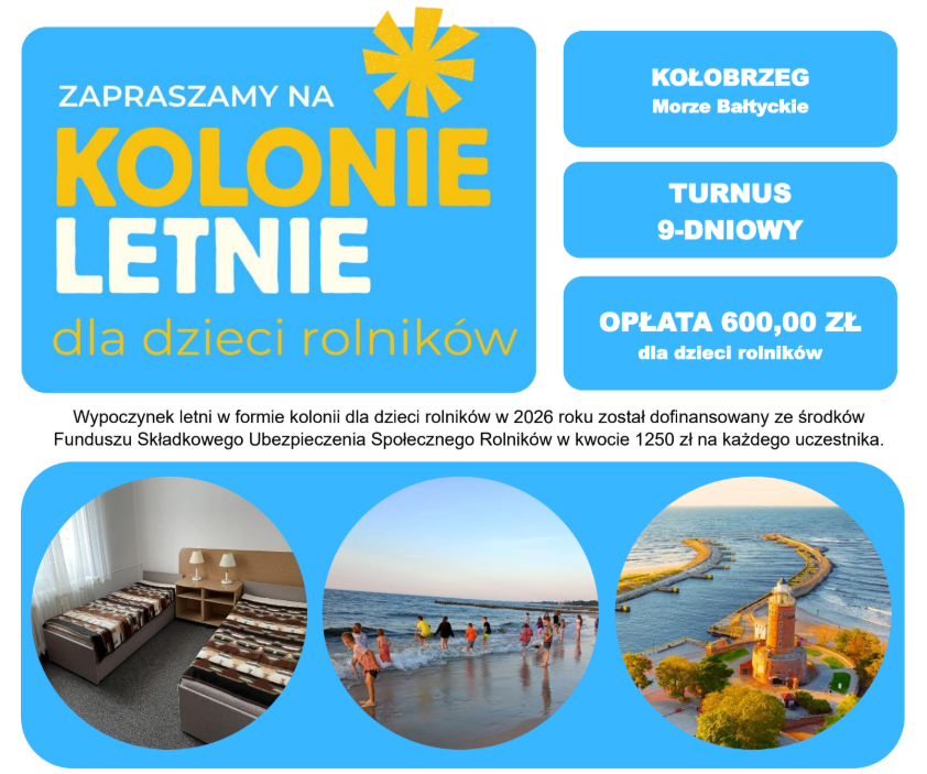 Zaproszenie na kolonie letnie nad Morzem Bałtyckim w Kołobrzegu. Obrazki pokazują dzieci na plaży, pokój mieszkalny i latarnię. Kolory to niebieski, żółty i biel.