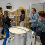 Grupa ludzi ogląda wystawę ceramiki na drewnianych półkach. Wnętrze jest jasne, z białymi ścianami i szarą podłogą. W tle stoi duży metalowy piec.