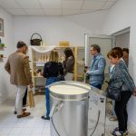 Pomieszczenie z grupą ludzi oglądających wystawę. Na podłodze jasne płytki, na ścianie drewniane półki z dekoracjami. Na pierwszym planie metalowy piec na kółkach.