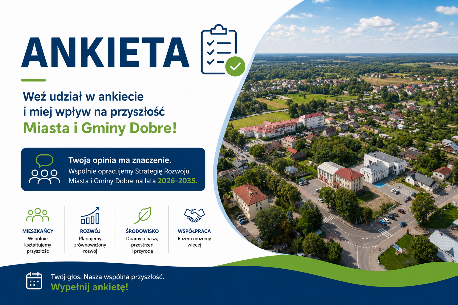 Grafika promująca ankietę dot. Miasta i Gminy Dobre. Po lewej tekst w kolorach zielonym i granatowym na białym tle. Po prawej zdjęcie miasta z lotu ptaka z budynkami i terenami zielonymi.