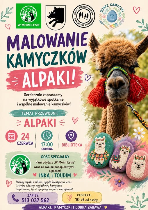 Grafika reklamuje wydarzenie malowania kamyków z alpakiem. Na pierwszym planie jest urocza alpaka z czerwonymi ozdobami. W tle kamyki z malunkami alpak na pastelowych kolorach.