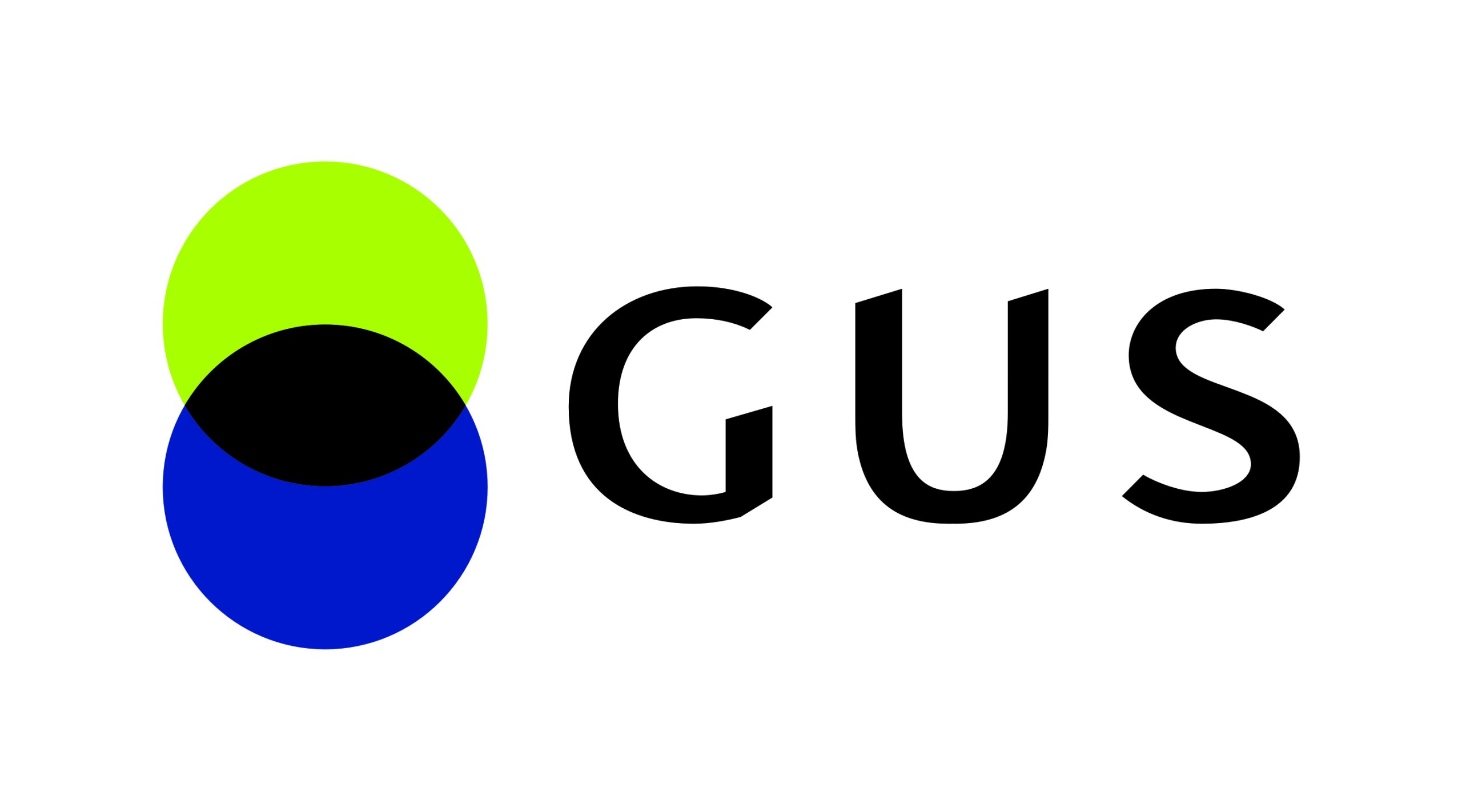 Logo przedstawia trzy nałożone koła: zielone, czarne i niebieskie po lewej. Obok czarny napis GUS na białym tle.
