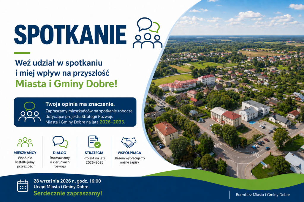 Zaproszenie na spotkanie w sprawie strategii rozwoju Miasta i Gminy Dobre, na tle zdjęcia miasta z lotu ptaka. Tło w zielono-niebieskich odcieniach, tekst informacyjny w ciemnoniebieskim i zielonym kolorze. Zdjęcie promuje zaangażowanie mieszkańców.