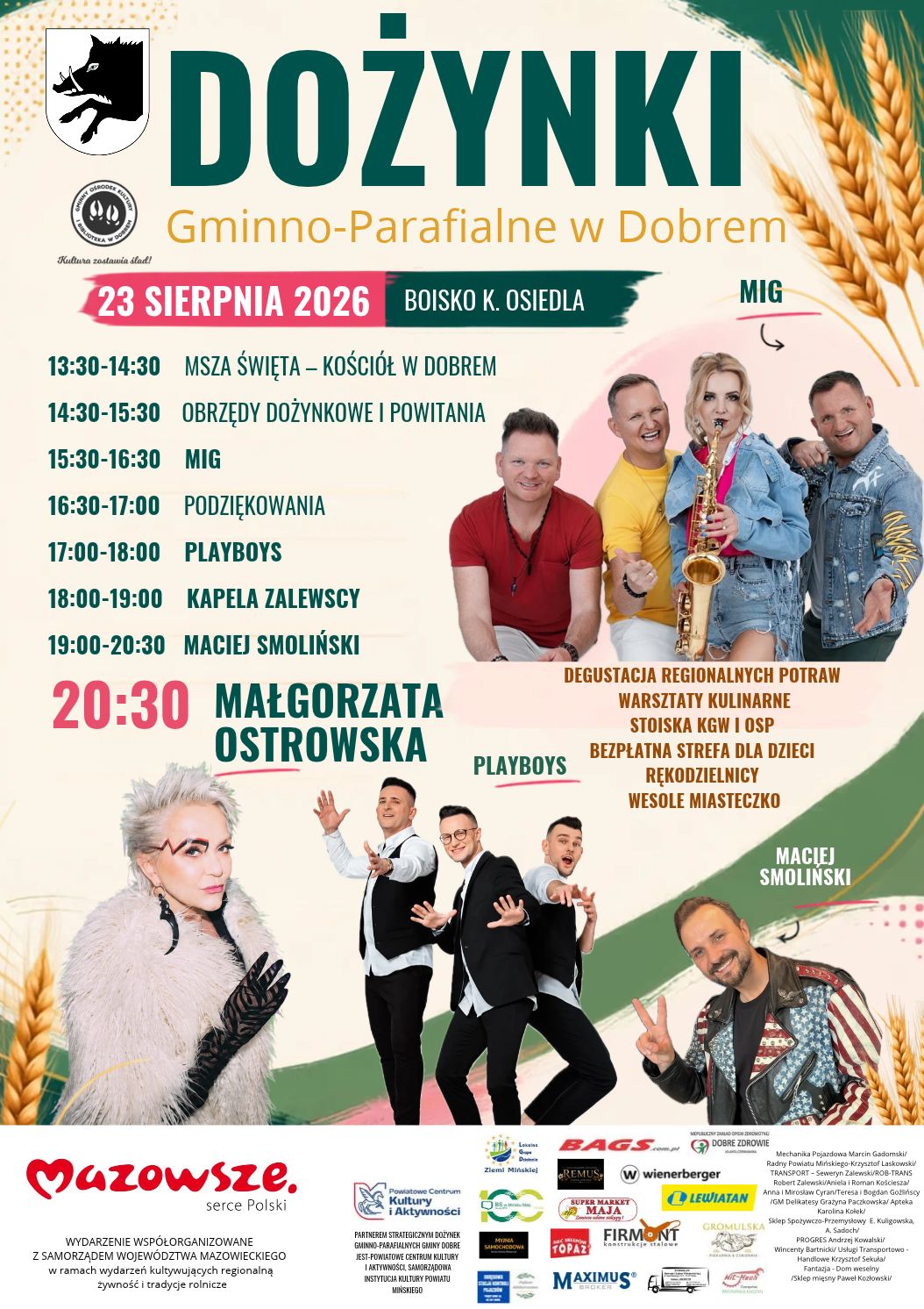 Plakat promuje Dożynki w Dobrem, na tle beżowym z zielonymi i pomarańczowymi akcentami. Widoczne są zdjęcia artystów oraz napisy z programem wydarzenia. Na dole loga sponsorów i organizatorów.