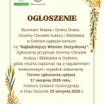 Plakat ogłasza konkurs na Najładniejszy Wieniec Dożynkowy. Dominują kolory brązowy i zielony, ozdobiony grafiką zboża i kwiatów. Na górze widoczne są dwa loga.