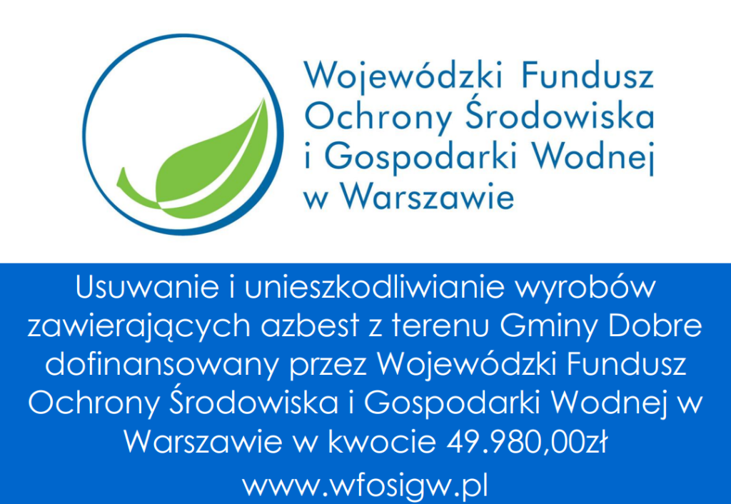 Logo Wojewódzkiego Funduszu z zielonym liściem na białym tle. Niebieski napis informuje o usuwaniu azbestu. Na dole link: www.wfosigw.pl.