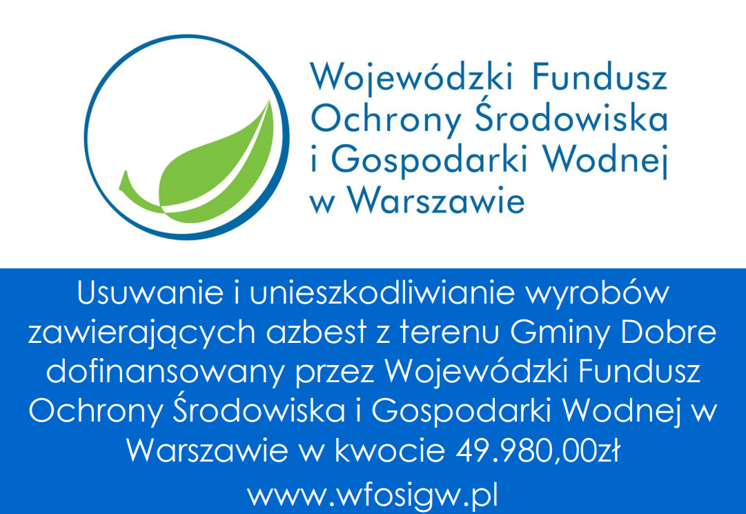 Logo Wojewódzkiego Funduszu z zielonym liściem na białym tle. Niebieski napis informuje o usuwaniu azbestu. Na dole link: www.wfosigw.pl.