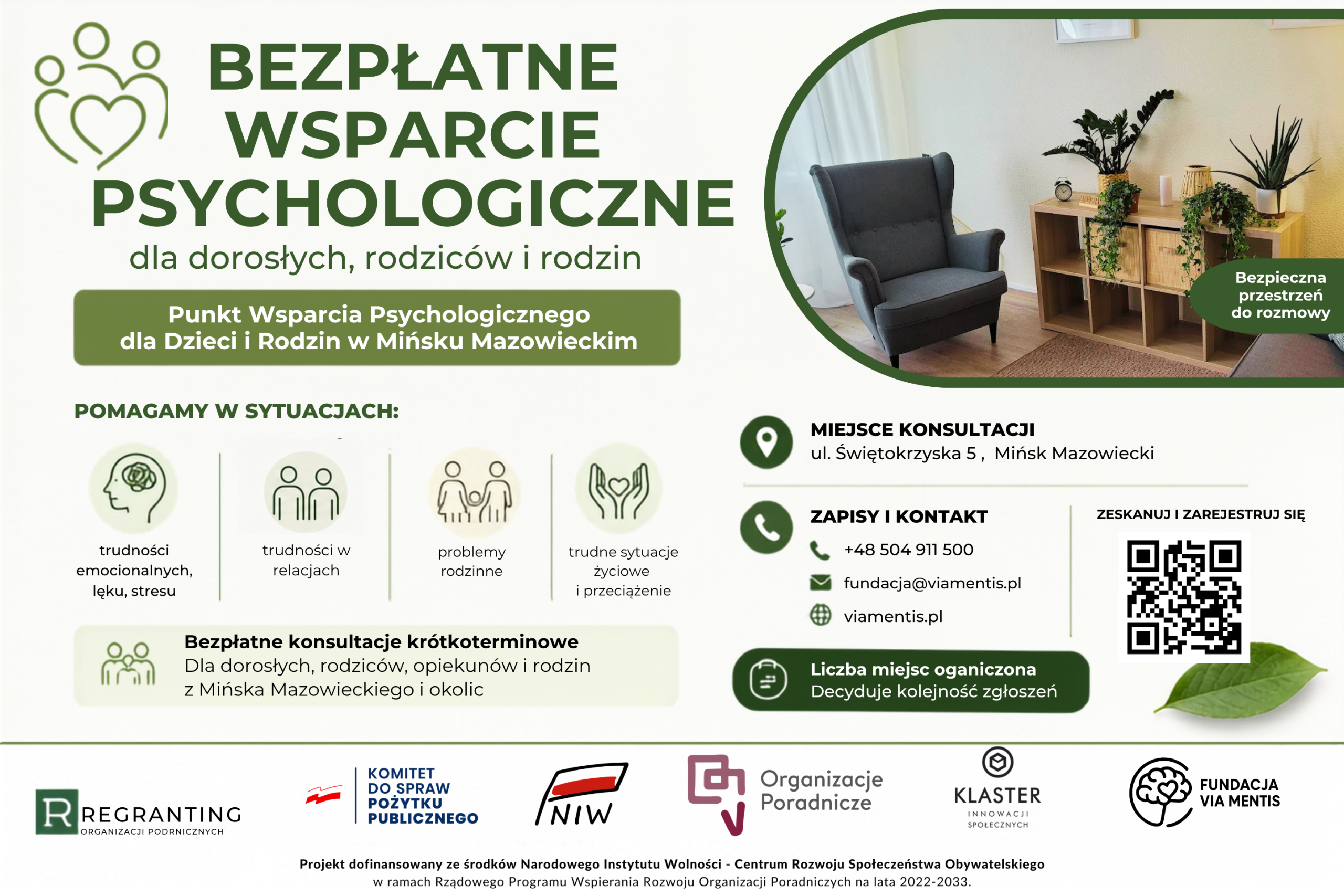 Plakat promuje bezpłatne wsparcie psychologiczne w Mińsku Mazowieckim. Utrzymany w zielonej kolorystyce z ikonami i zdjęciem przytulnego wnętrza. Zawiera informacje kontaktowe i QR kod do rejestracji.