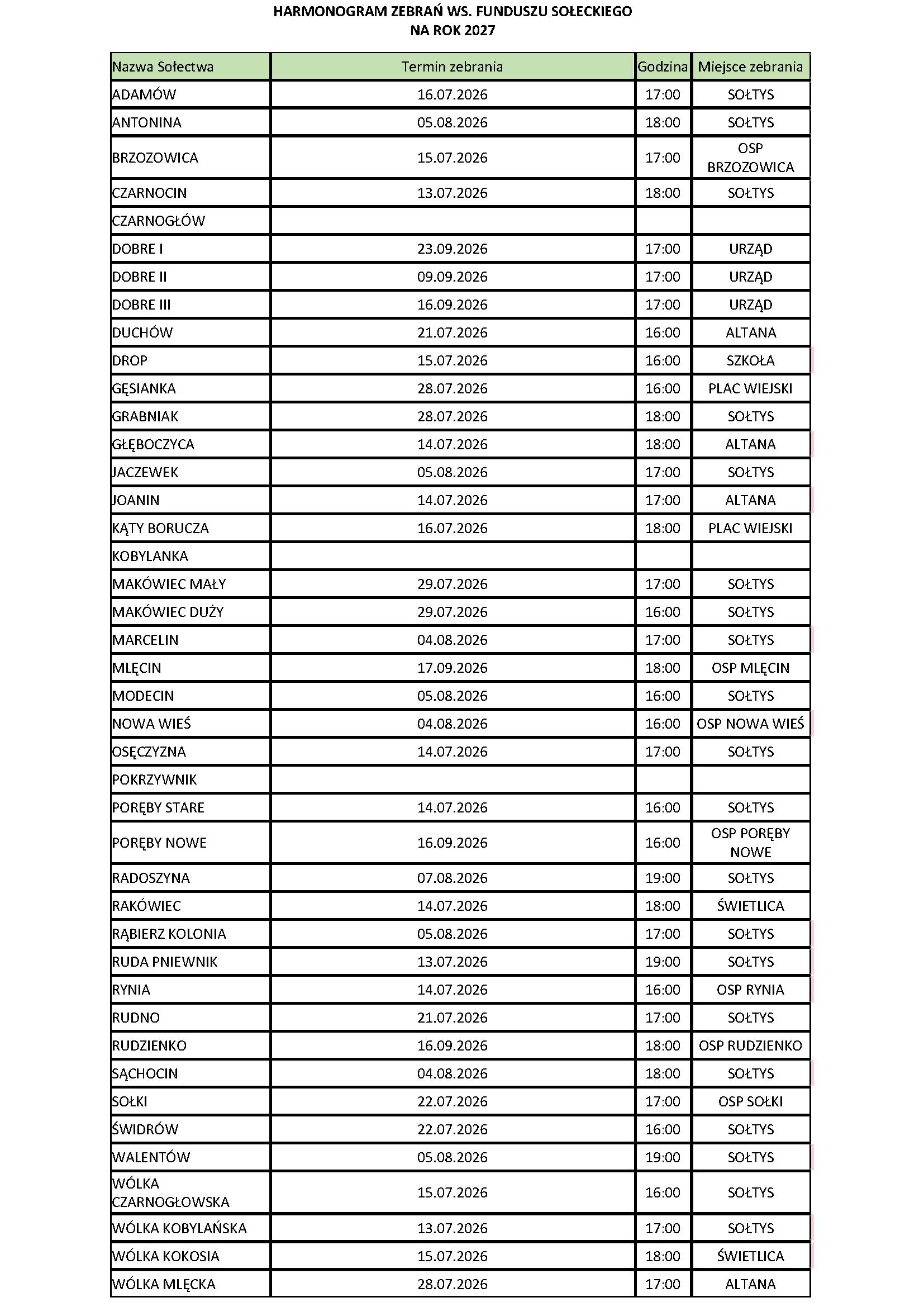 Harmonogram zebrań funduszu sołeckiego na rok 2027. Lista w formie tabeli z datami, godzinami i miejscami spotkań. Tło białe, nagłówek zielony.