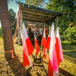 Scena plenerowa z koncertem, otoczona drzewami. Polski flagi na pierwszym planie. Dziecko biega po słonecznej trawie.