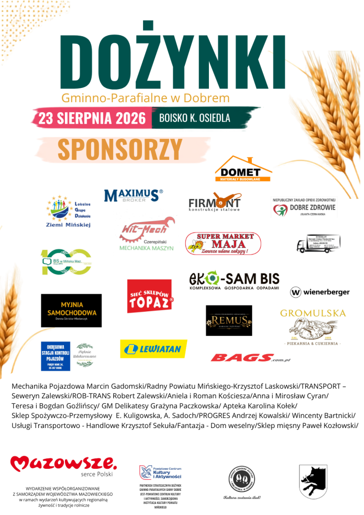 Plakat Dożynek, z datą 23 sierpnia 2026, w kolorach zielonym i pomarańczowym, na tle logotypów sponsorów.