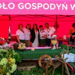 Stoisko Koła Gospodyń Wiejskich z różowym namiotem. Ludzie w strojach ludowych, stolik z słoikami i kwiaty. Dekoracje z zielenią.