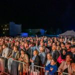 Tłum ludzi obserwuje koncert na świeżym powietrzu nocą. W tle ciemne niebo i namioty. Publiczność przy barierkach pełna emocji.