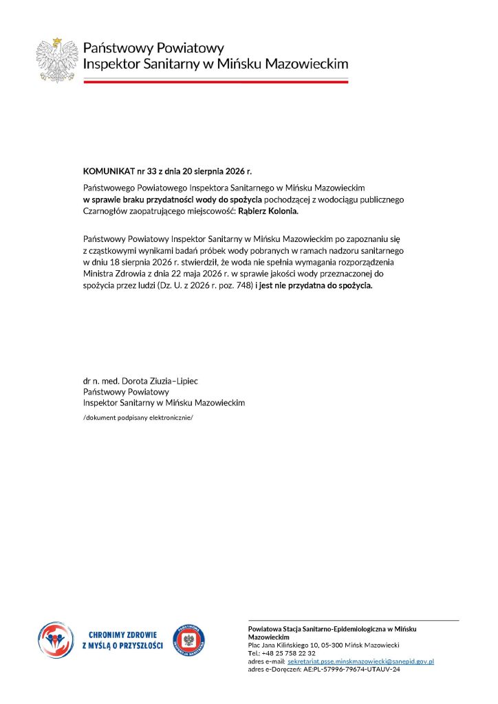 Dokument z nagłówkiem Państwowego Powiatowego Inspektora Sanitarnego. Treść dotyczy braku przydatności wody do spożycia. Białe tło, czarny tekst, czerwony akcent, logo na dole.
