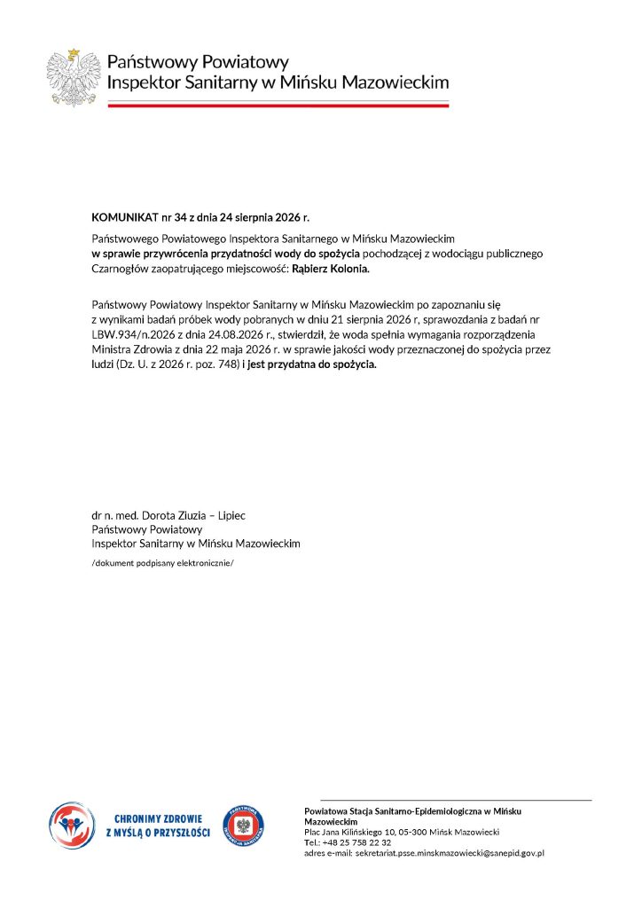 Komunikat od Inspektora Sanitarnego o przydatności wody do spożycia. Tekst na białym tle, czarno-czerwone napisy, logo i dane kontaktowe na dole.