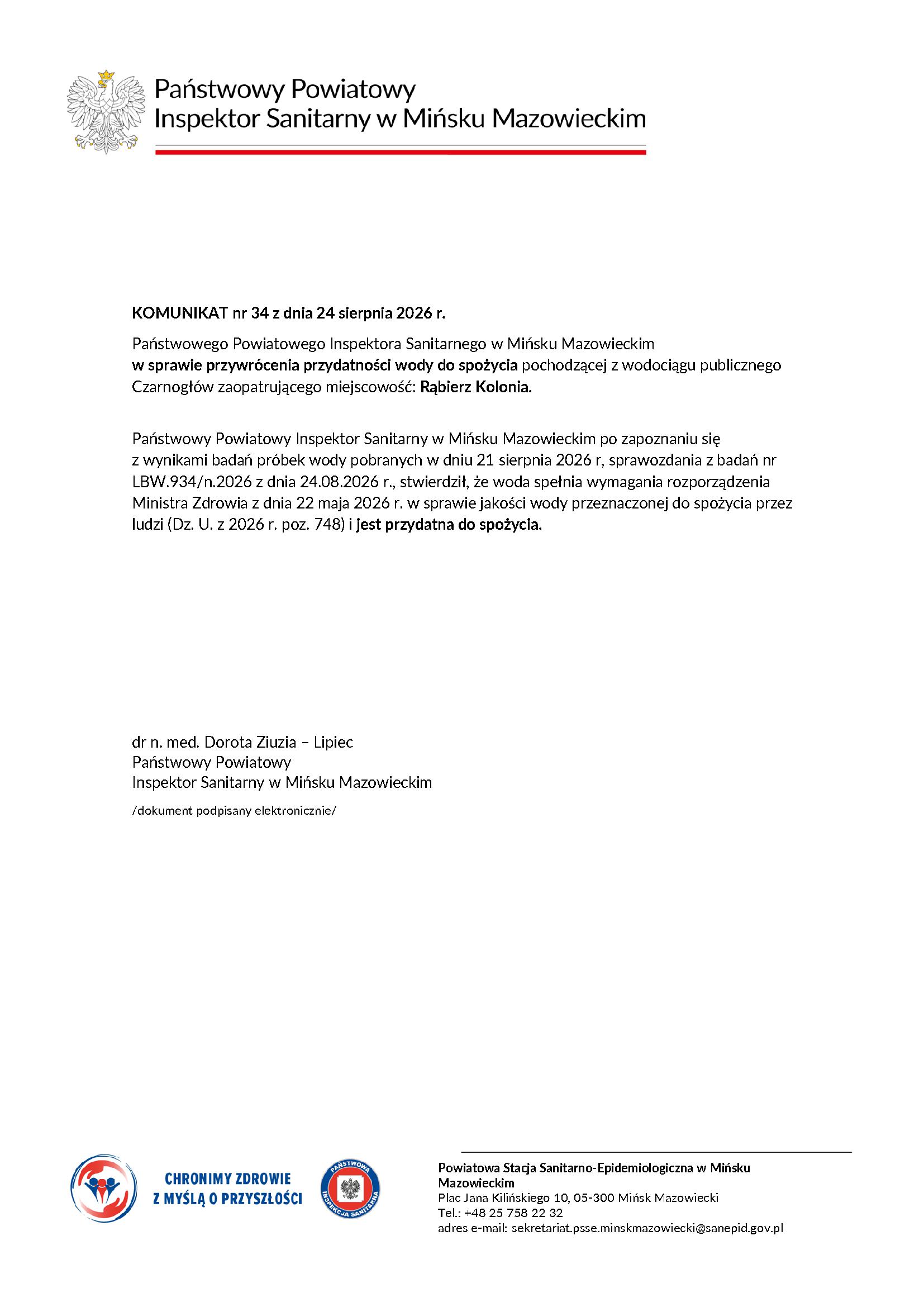 Komunikat od Inspektora Sanitarnego o przydatności wody do spożycia. Tekst na białym tle, czarno-czerwone napisy, logo i dane kontaktowe na dole.