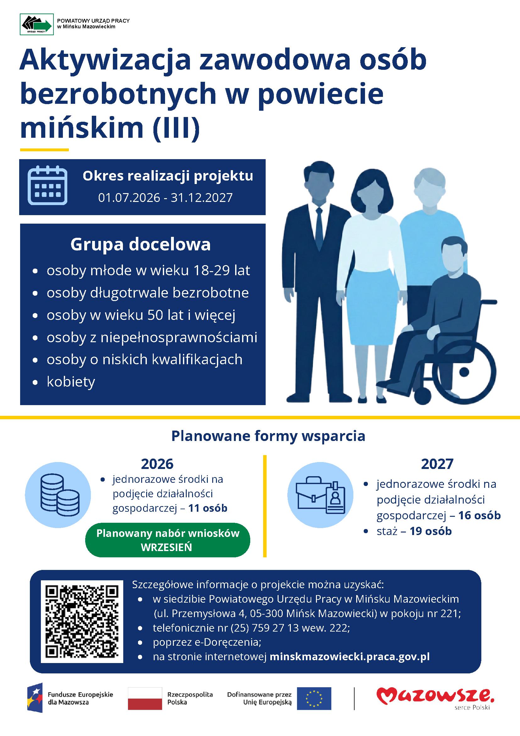Plakat promuje projekt aktywizacji zawodowej w powiecie mińskim. Przedstawia ikony kalendarza, teczki, osób - w tym na wózku. Dominują kolory niebieski i biały.