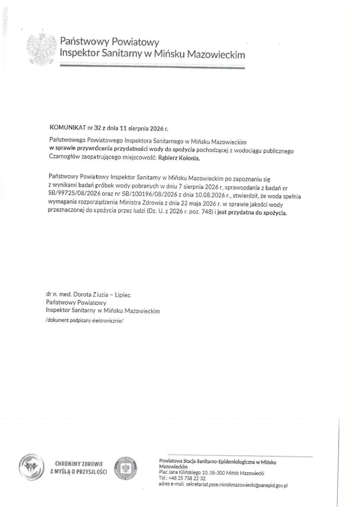 Dokument ma białe tło z czarnym tekstem i pieczątkami. Dotyczy jakości wody w miejscowości Rąbierz Kolonia. Zawiera logo i dane kontaktowe inspektoratu.