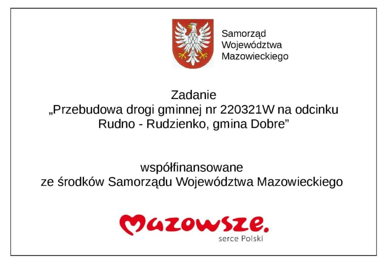 NvJhQFw9 Napisy na białym tle informują o przebudowie drogi. Logo Mazowsza w kolorze czerwonym. Godło Mazowsza w lewym górnym rogu.