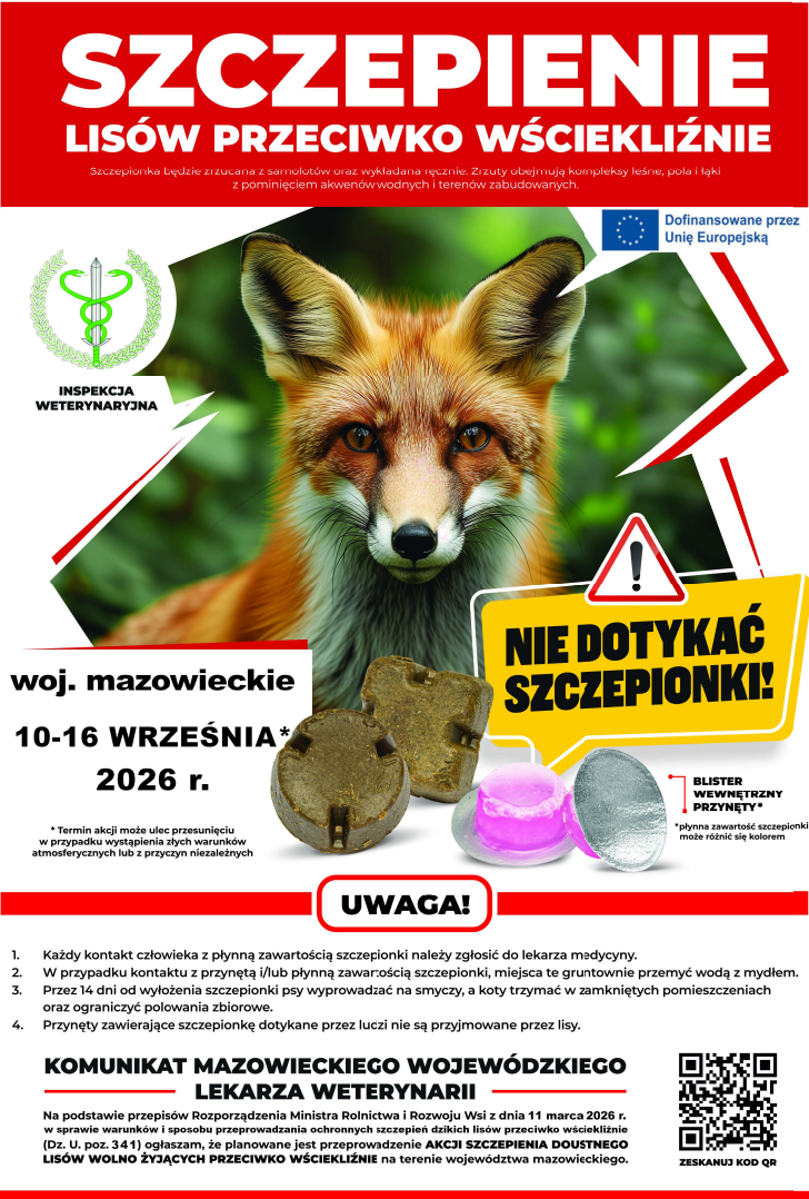 Plakat przedstawia lisa na zielonym tle z napisem o szczepieniu przeciw wściekliźnie. W tle czerwono-białe elementy graficzne i logo Inspekcji Weterynaryjnej. Jest też ostrzeżenie „Nie dotykać szczepionki!” obok zdjęć przynęty.
