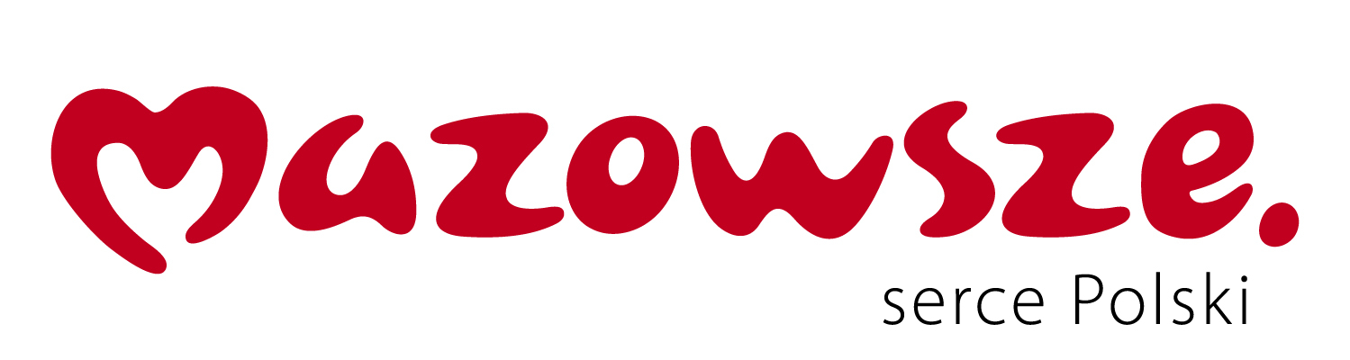 Logo Mazowsza z napisem w czerwonym kolorze. Tło jest białe. Pod napisem znajduje się tekst serce Polski w czerni.
