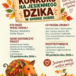 Plakat promuje konkurs na jesiennego dzika w Gminie Dobre. Dominujące kolory to zielony, brązowy i pomarańczowy na jesiennym tle z liśćmi. Widoczny zabawny dzik z darów jesieni oraz szczegóły konkursu.