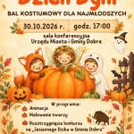 Obrazek przedstawia plakat promujący Dzień Dyni z kolorowym rysunkiem dzieci i dyni na tle jesiennych liści. Tło jest beżowe, dominują pomarańczowe i brązowe odcienie. Wydarzenie odbędzie się 30.10.2026 o 17:00 w Urzędzie Miasta i Gminy Dobre.