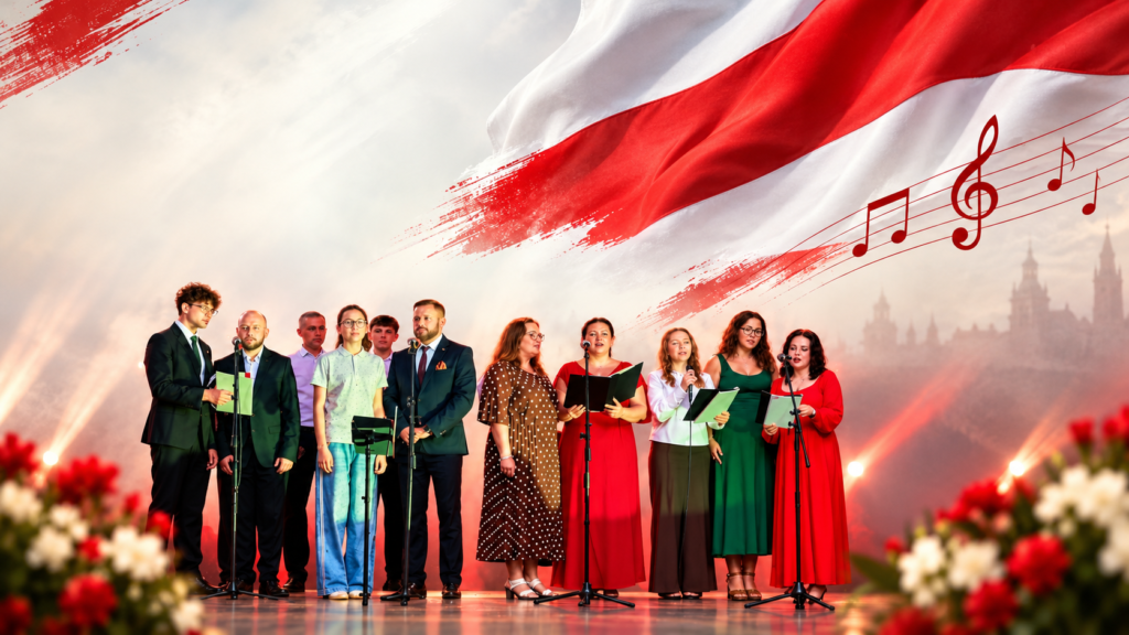 Grupa śpiewaków na scenie z tłem biało-czerwonej flagi. Mikrofony i nuty na boku. Kwiaty z przodu w biało-czerwonych barwach.