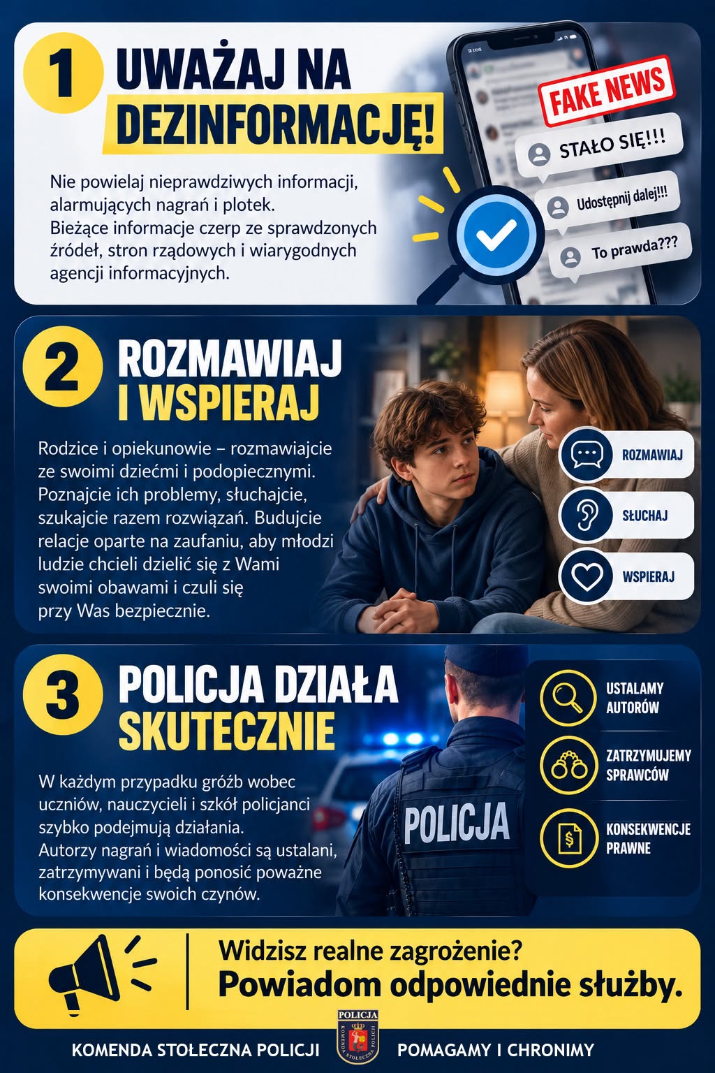 Infografika z trzema sekcjami opisującymi kwestie dezinformacji, wsparcia młodzieży i skuteczności policji. Tło w niebieskiej tonacji, z żółtymi i białymi akcentami, pokazuje smartfon, rodzica z dzieckiem oraz policjanta. W dolnej części wezwanie do informowania służb o zagrożeniach.
