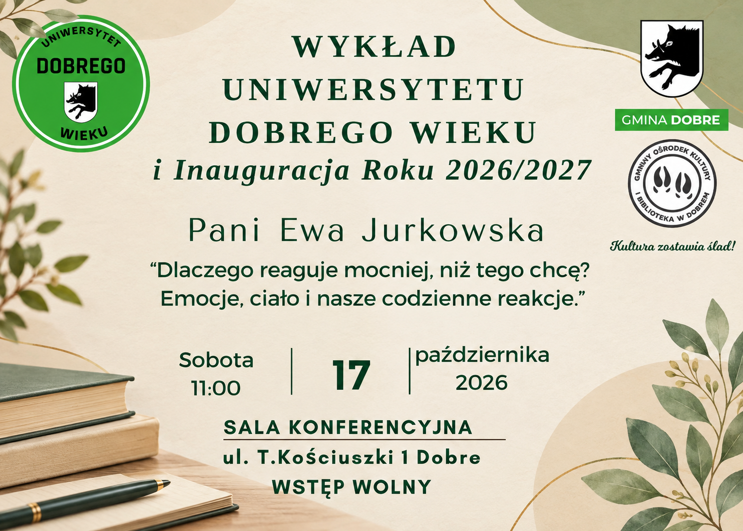 Zaproszenie na wykład z zielono-beżowym tłem i listowymi motywami. Zawiera datę 17 października 2026, wykładowczynię Ewę Jurkowską. Wstęp wolny.